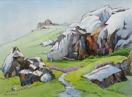 St Ives Rocks - Watercolour and Acrylic Ink - 11x15